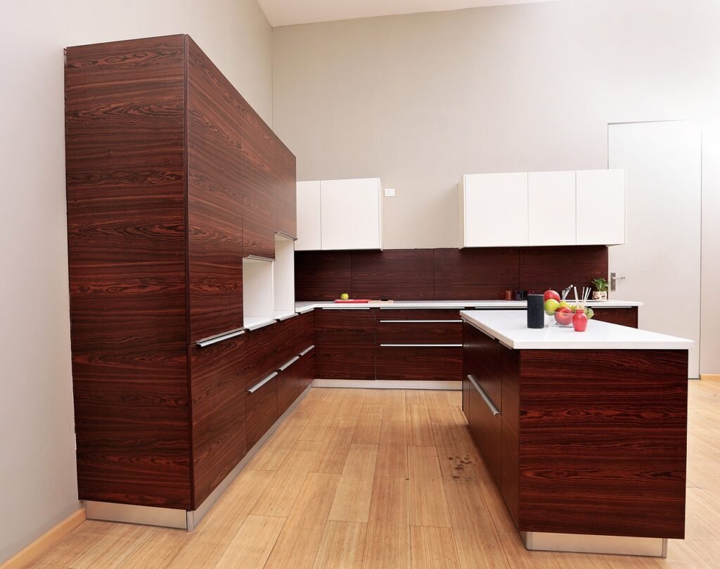 kitchen island with cherry cabinets.